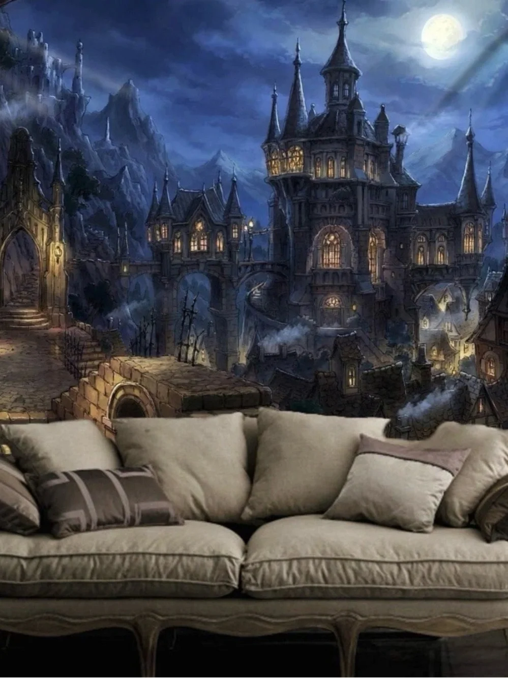 Old Castle Tapestry Werewolf Ancient City Tapestry Wall Hang 9ftX7.5ft Medieval